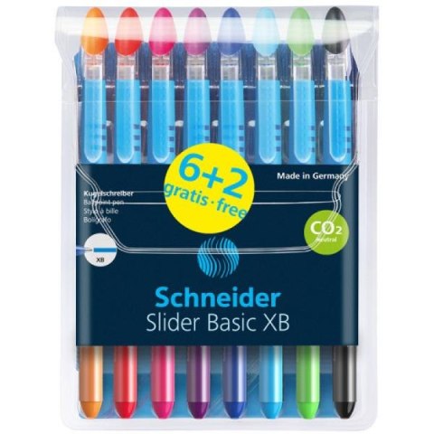 Długopisy SCHNEIDER Slider Basic, XB, 6 kolorów+2, etui z zawieszka
