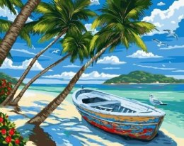 Diamentowa mozaika Plaża z palmami, łódka 30x40cm 1007422