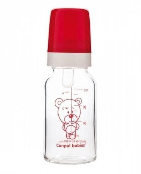 Canpol Babies butelka szklana wąska 120ml BASIC TEDDY FRIEND - Czerwona