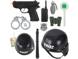 Zestaw policyjny / hełm, pałka, pistolet, lizak, granat, telefon, lornetka, odznaka, kajdanki 569140 Adar