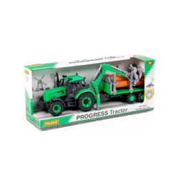 Polesie 96487 Traktor Progres inercyjny z podnośnikiem i przyczepą do przewozu drewna, zielony w pudełku