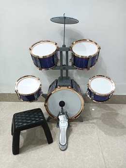 Duża Perkusja 5-bębnowa dla dzieci 3+ Niebieski + Metalowy talerz + 2 Pałki + Krzesełko