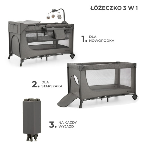 JOY 2 z akcesoriami KinderKraft łóżeczko turystyczne 3w1 - Dark Grey