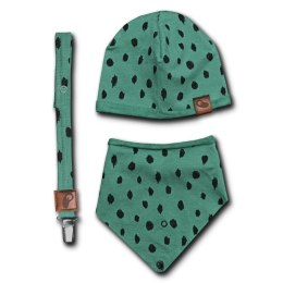 Hi Little One - zestaw spacerowy czapeczka, bandanka i zawieszka do smoczka z organicznej BIO bawełny Leopard Green Forest