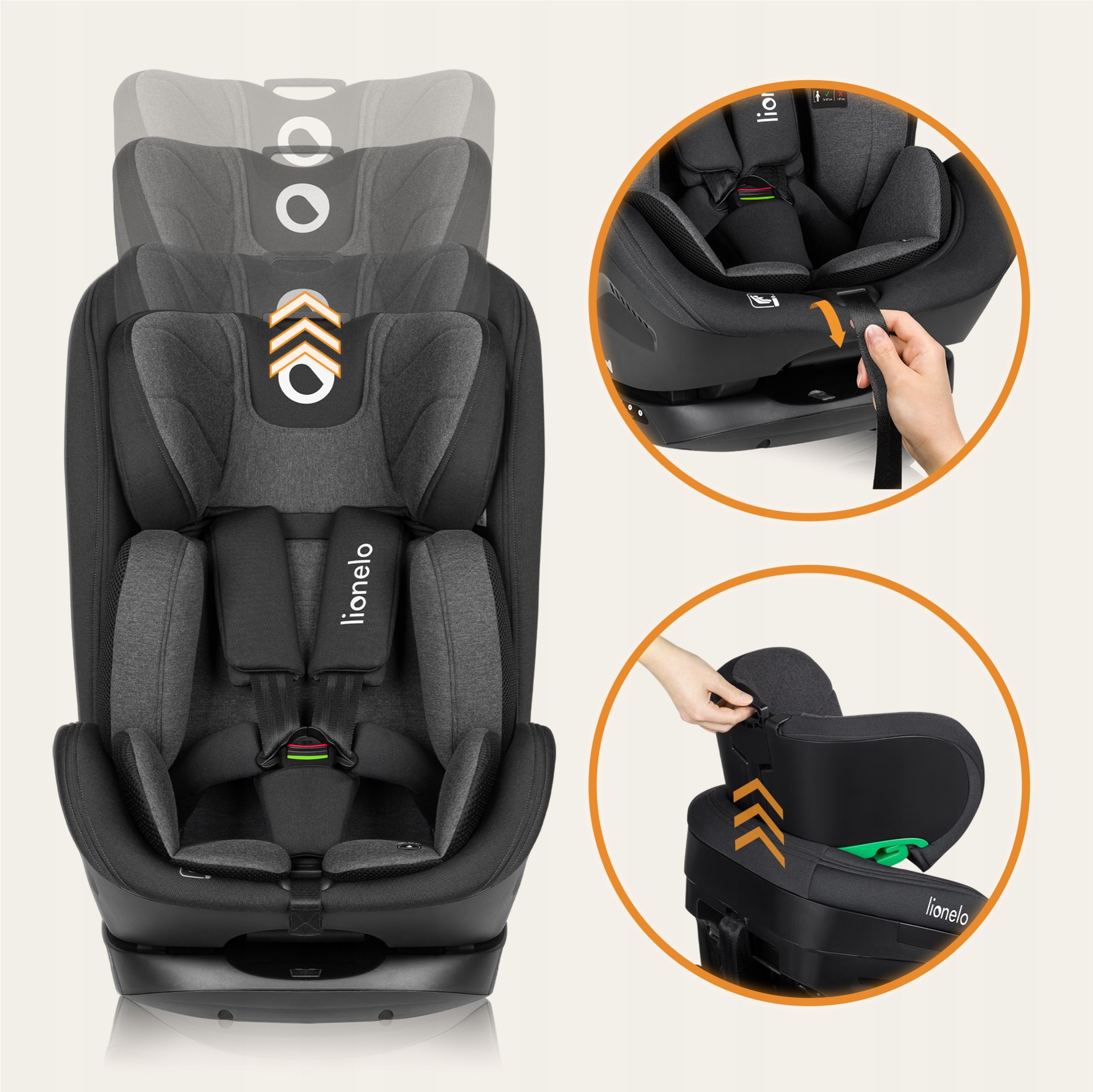 Fotelik samochodowy ISOFIX 76-150 cm wkładka Dri-seat Lionelo Harper i-Size Sposób montażu ISOFIX samochodowy pas bezpieczeństwa Top Tether