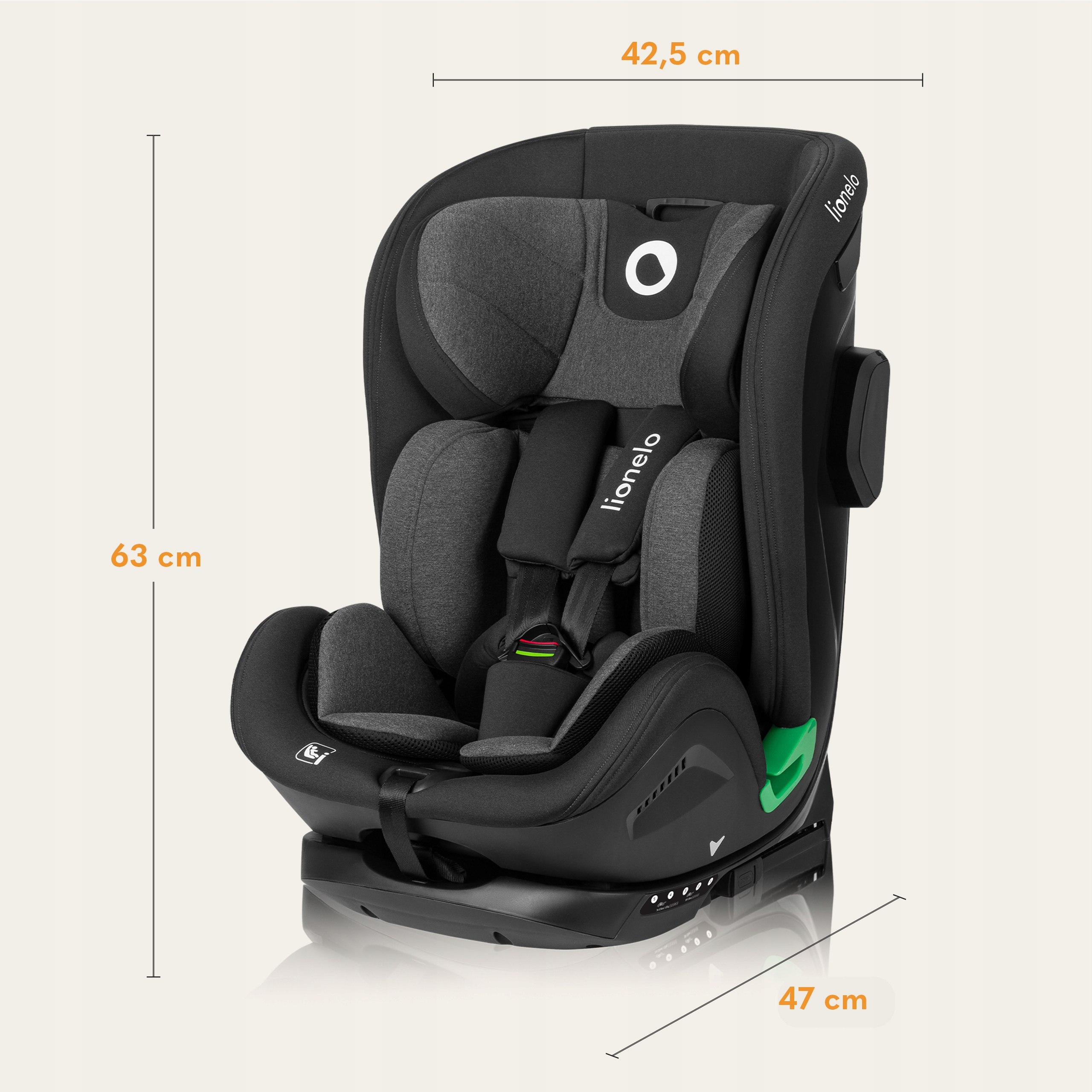 Fotelik samochodowy ISOFIX 76-150 cm wkładka Dri-seat Lionelo Harper i-Size Informacje dodatkowe i-Size R129 Regulacja pozycji dziecka Regulacja zagłówka